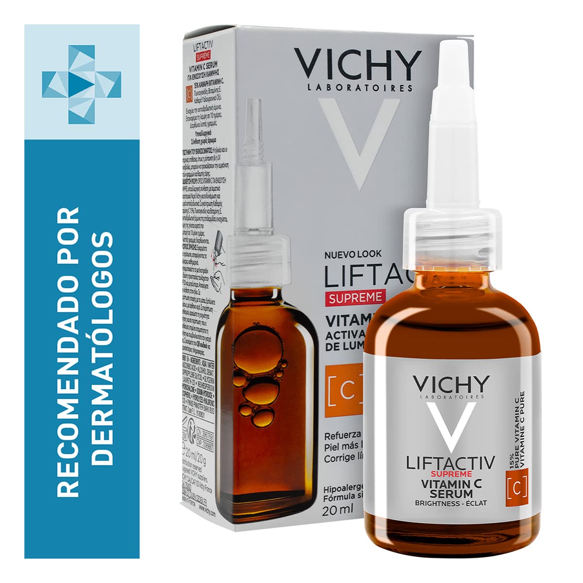 Serum Anti-Oxidante Vitamina C Vichy Liftactiv Supreme 20 ml + Minéral 89 Contorno de Ojos - Gel con Ácido hialurónico y Cafeína pura, alisa, hidrata e ilumina, sin fragancia, para piel sensible.