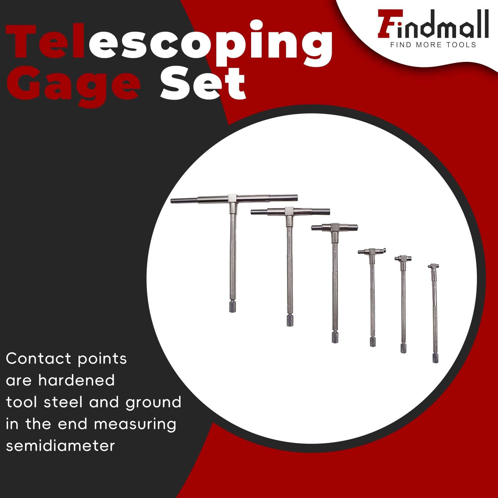findmall - Juego de 6 calibradores telescópicos de rango de 5/16 a 6 pulgadas, calibre de agujero en T con bolsa de 8 mm a 150 mm, calibre telescópico ajustable