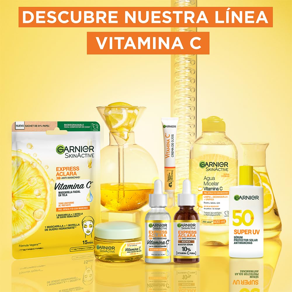 Kit Garnier Express Aclara Rutina anti manchas con Vitamina C: Sérum facial, crema hidratante y gel limpiador, 3 piezas. Hidrata, ilumina y unifica el tono de la piel