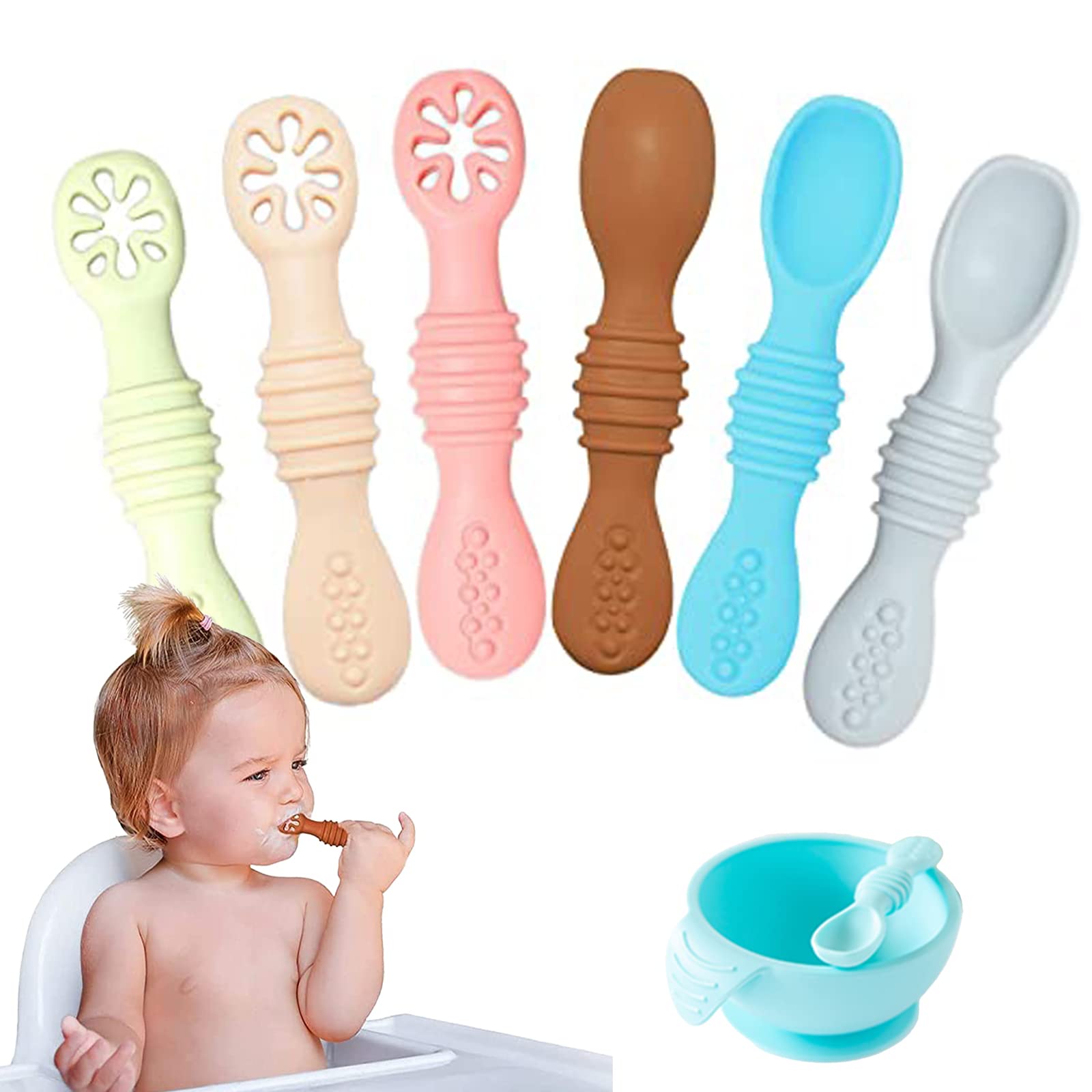 Cucharas para Bebe de Silicon,Juego de cucharas para bebé de 6 Piezas,Kit de Cubiertos para Alimentación Complementaria, Silicóna de grado alimenticio libre de BPA, Antideslizante, Seguro.