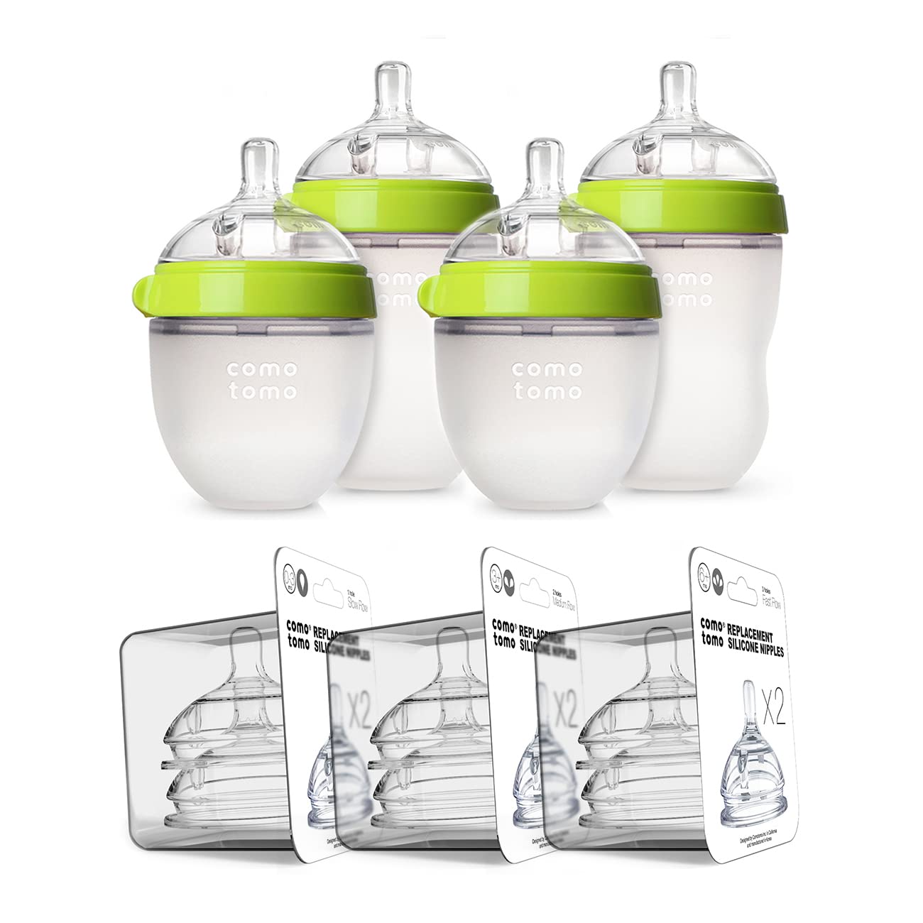 Comotomo Bundle de 4 Biberones de 2 X 150 Ml, 2 X 250 Ml, Anillo Verde, 3 Set de Tetinas Repuesto