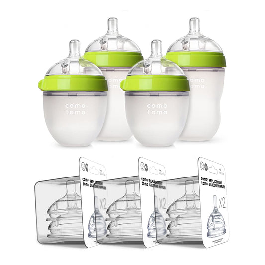 Comotomo Bundle de 4 Biberones de 2 X 150 Ml, 2 X 250 Ml, Anillo Verde, 3 Set de Tetinas Repuesto