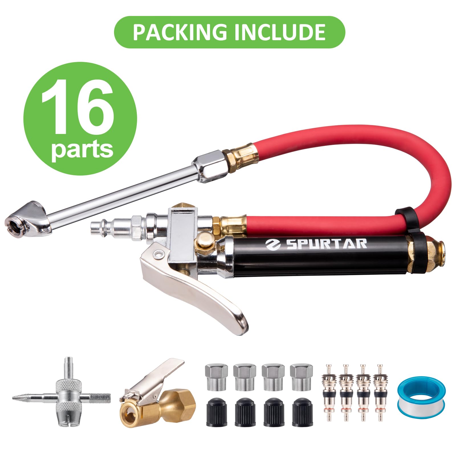 Medidor de Inflado de Neumáticos Spurtar 10-120 PSI Resistente con Herramienta de 4 Vías y Núcleos de Válvula para Automóviles