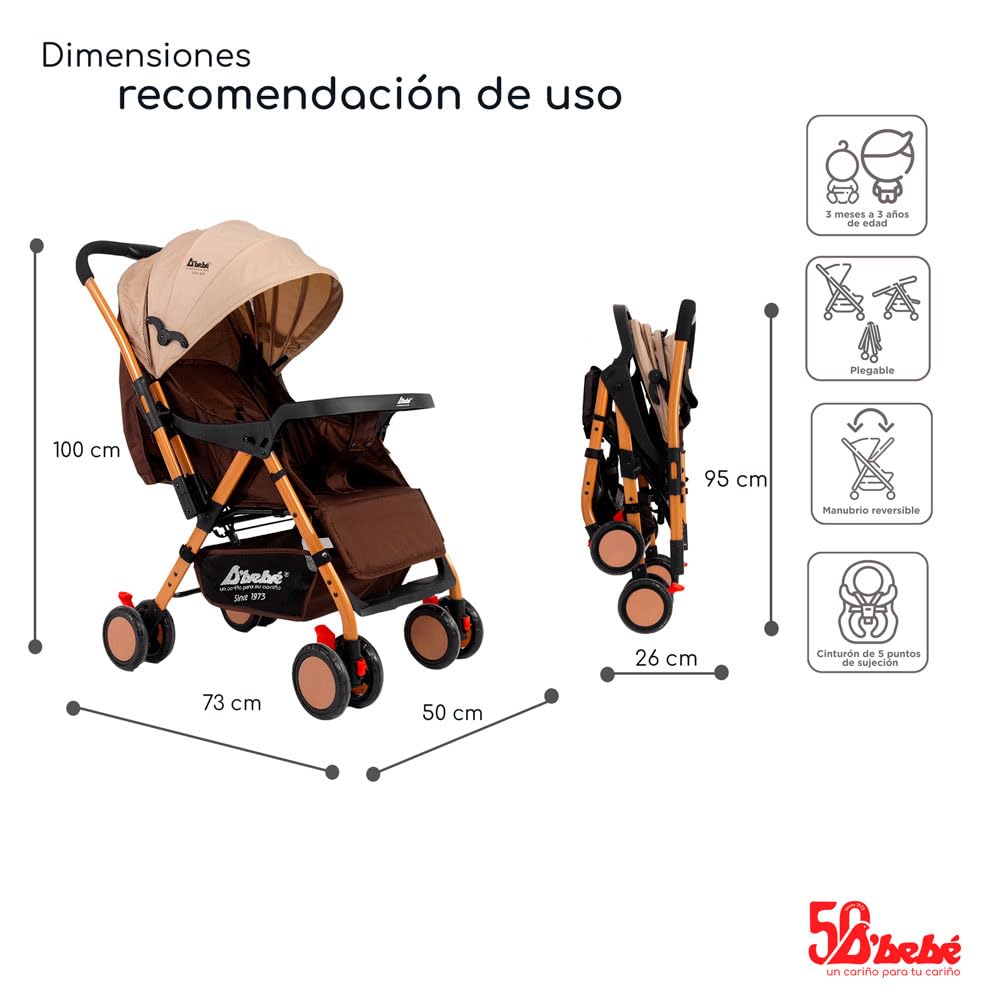 D´Bebé Carriola Baby BM Beige-Manubrio ajustable a 2 posiciones: posicion general y reversible -Respaldo con 3 posiciones de reclinado