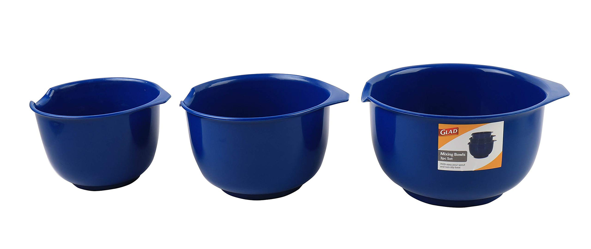 Glad Cuencos para mezclar con boquilla de vertido, juego de 3, diseño de anidación que ahorra espacio, antideslizantes, sin BPA, aptos para lavaplatos, suministros de cocina y horneado, color azul
