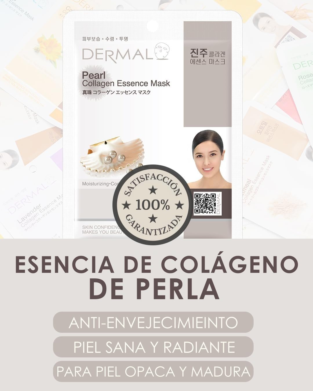 DERMAL Korea 10 Mascarillas Pearl con Polvo de Perla, Colágeno y Vitamina E