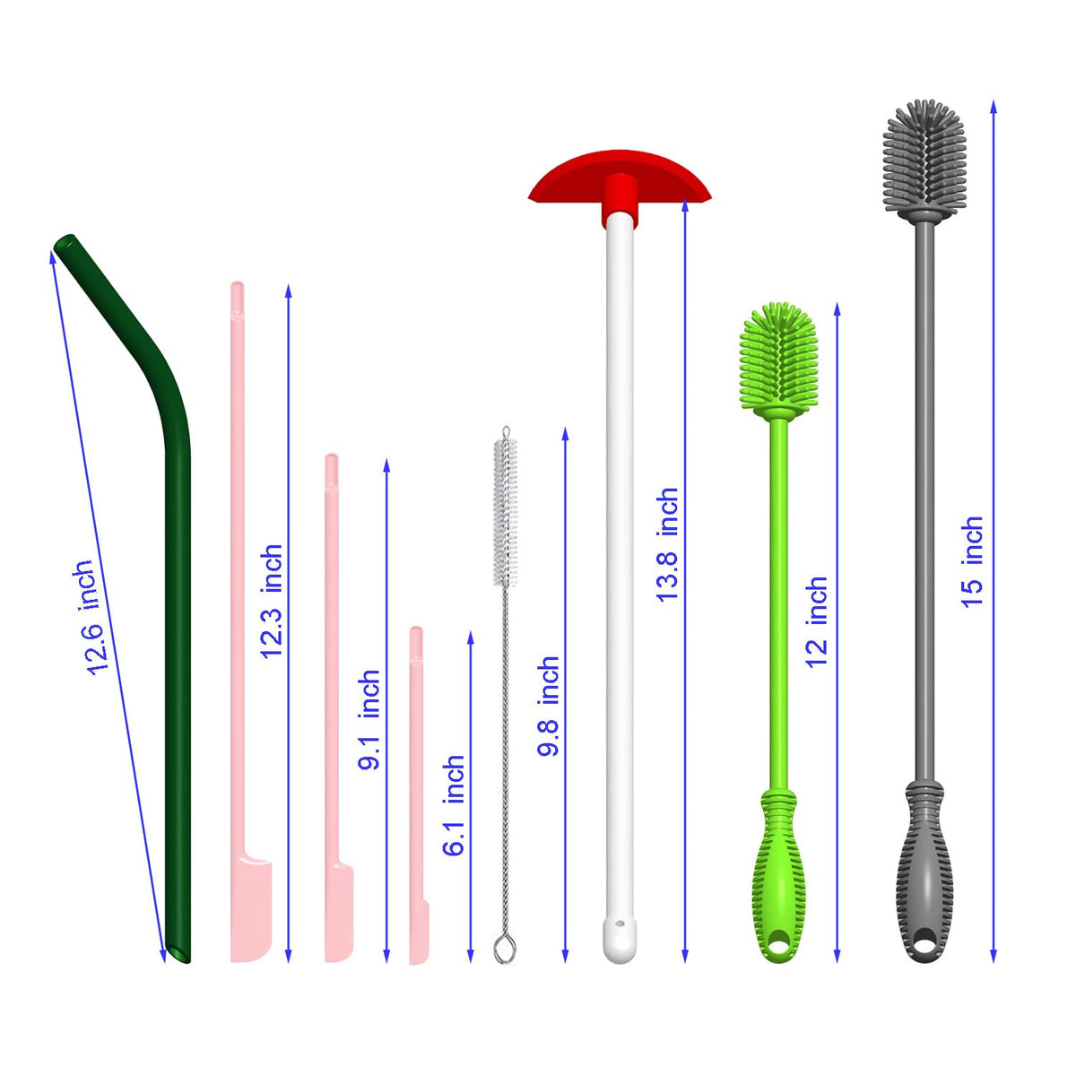 Kit de limpieza de silicona de 10 piezas, 2 cepillos para botellas, 2 raspadores de limpieza, 3 espátulas raspadoras para frascos, 2 pajitas de silicona reutilizables y 1 cepillo para pajitas