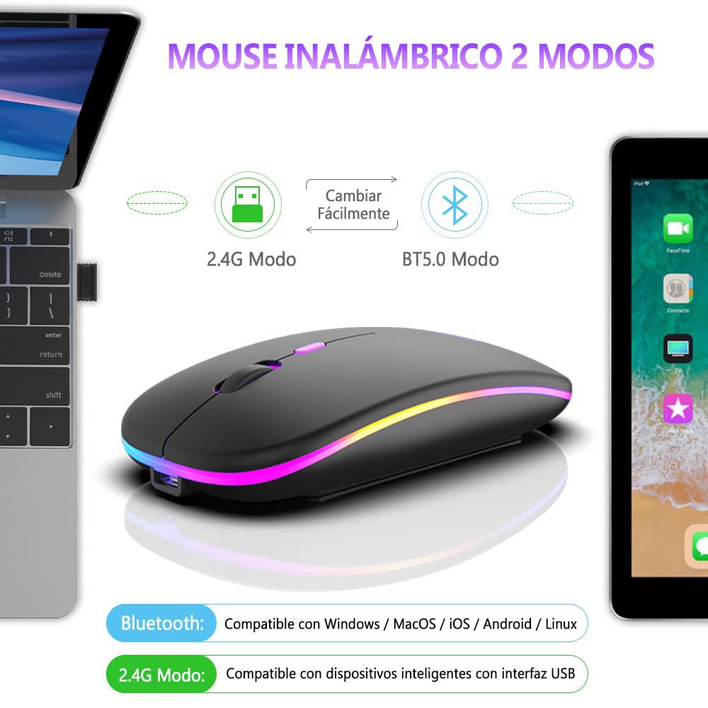 Free wolf X15 Mouse Inalámbrico, Mouse Bluetooth y 2.4GHz Modos Dual Recargable y Ergonómico, Mouse con Luz, con Receptor USB 3 Ajustable dpi Ratón para Computadora, Portátil, PC, Mac (Negro Mate)