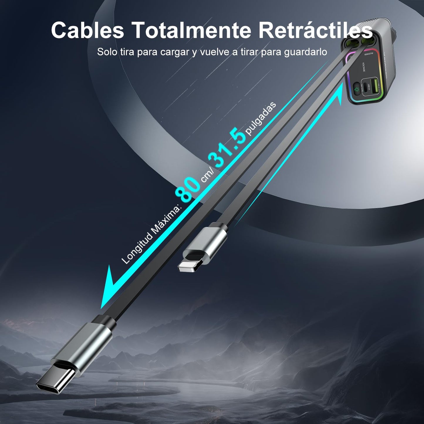 vantisan Cargador para Auto,Adaptador de Cargador de Coche con Pantalla de Luz, 140w Carga Rápida Conector telescópico y 2 Puertos USB con RGB, Compatible con iPhone,Galaxy, Xiaomi