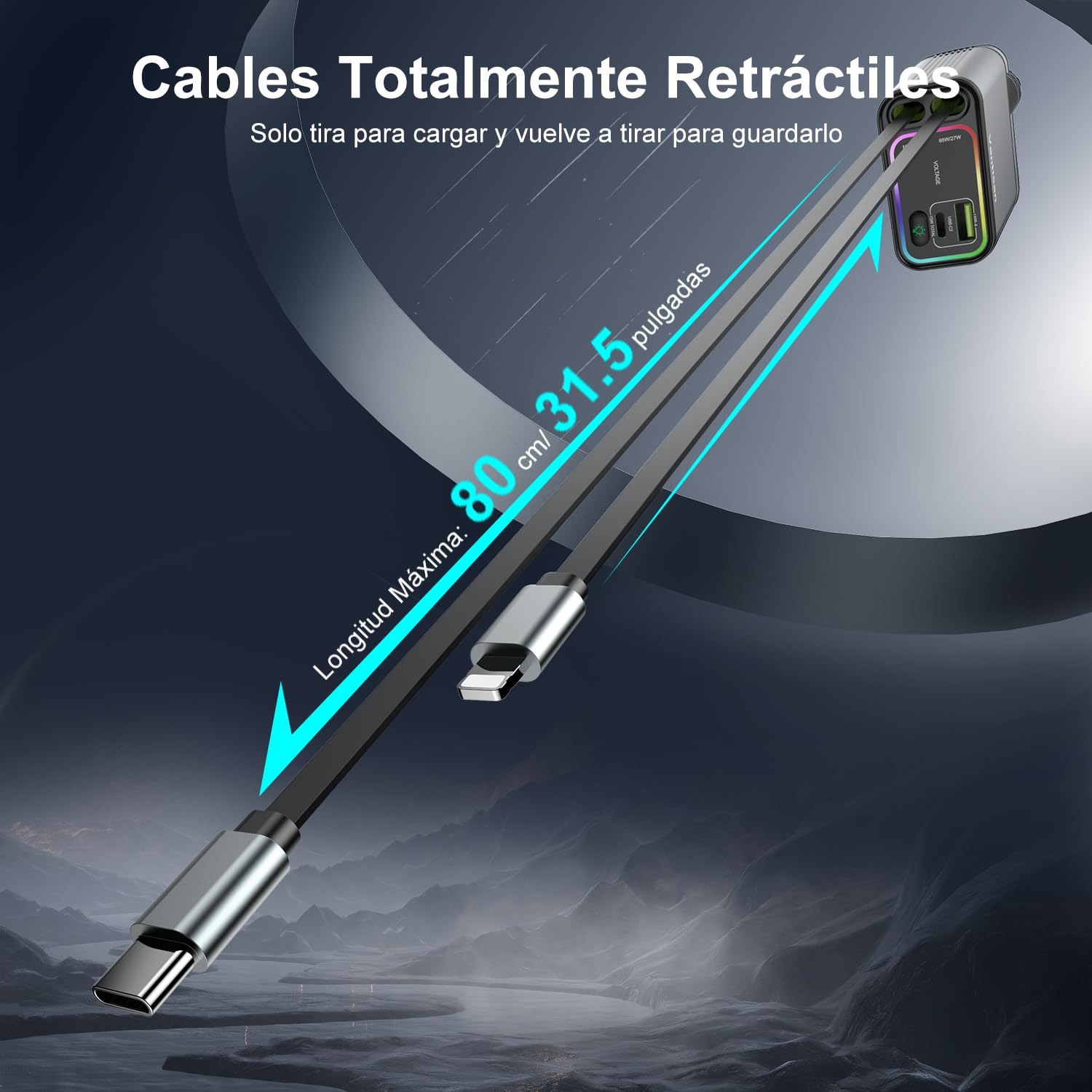 vantisan Cargador para Auto,Adaptador de Cargador de Coche con Pantalla de Luz, 140w Carga Rápida Conector telescópico y 2 Puertos USB con RGB, Compatible con iPhone,Galaxy, Xiaomi