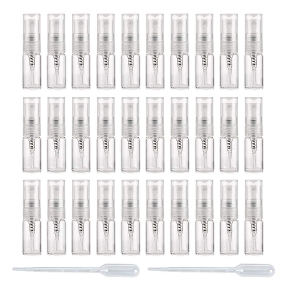 Enslz Mini botella de spray de 2 ml, 30 unidades de botella de vidrio rellenable, atomizador de perfume para limpieza de contenedores recargables para aceites esenciales de viaje
