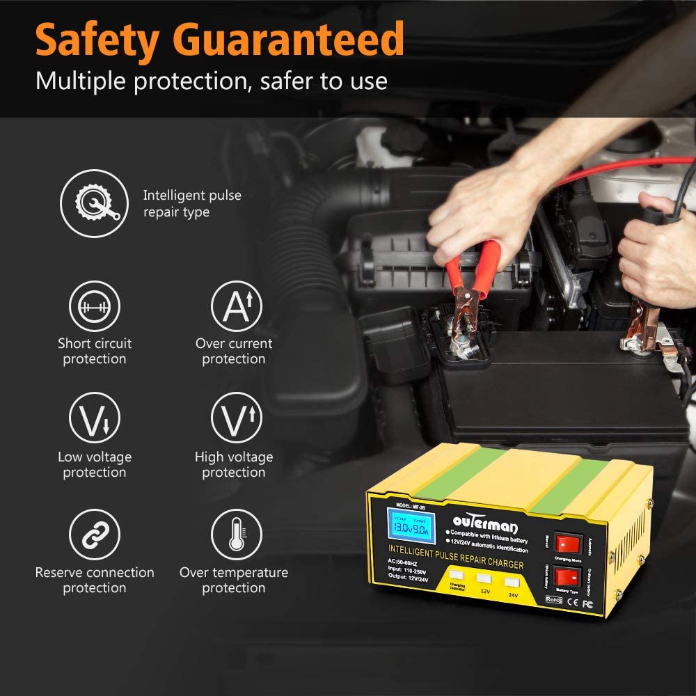 Outerman - Cargador de batería de coche de 12 V - 24 V, cargador de batería automático para coche, barco, motocicleta, podadora, batería de plomo ácido o batería de litio. Capacidad: 6AH~105AH