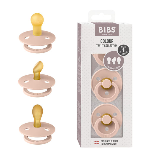 BIBS Chupones Try-it Colour, Pack de 3, Tetina de látex natural de formas variadas, Talle 1, Color Blush, 0 a 6 meses, Hecho en Dinamarca
