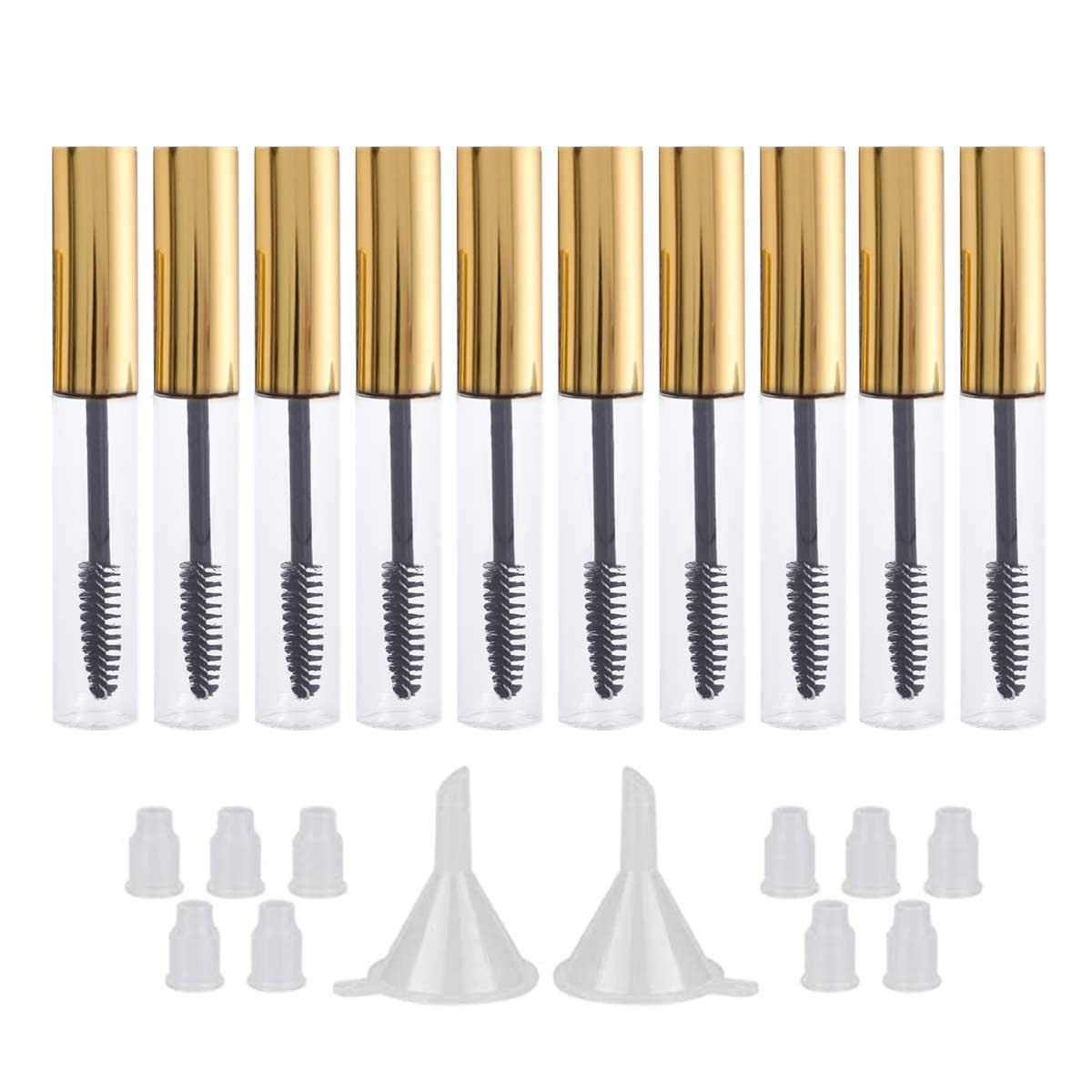 GTHER - Juego de 10 botellas vacías para máscara de pestañas (10 ml, incluye varita de pestañas, insertos y embudos de goma, para aceite de ricino/crecimiento de pestañas, envase de crema de pestañas con tapa, color dorado