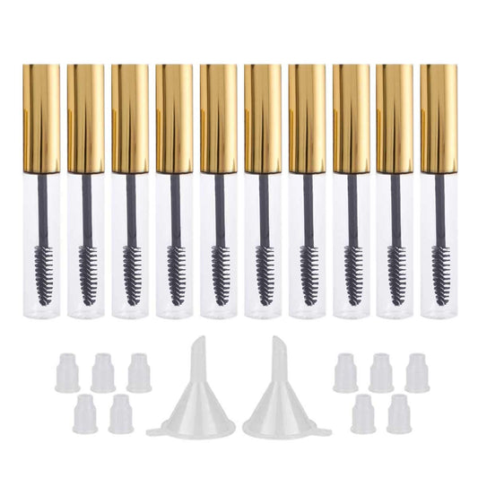 GTHER - Juego de 10 botellas vacías para máscara de pestañas (10 ml, incluye varita de pestañas, insertos y embudos de goma, para aceite de ricino/crecimiento de pestañas, envase de crema de pestañas con tapa, color dorado