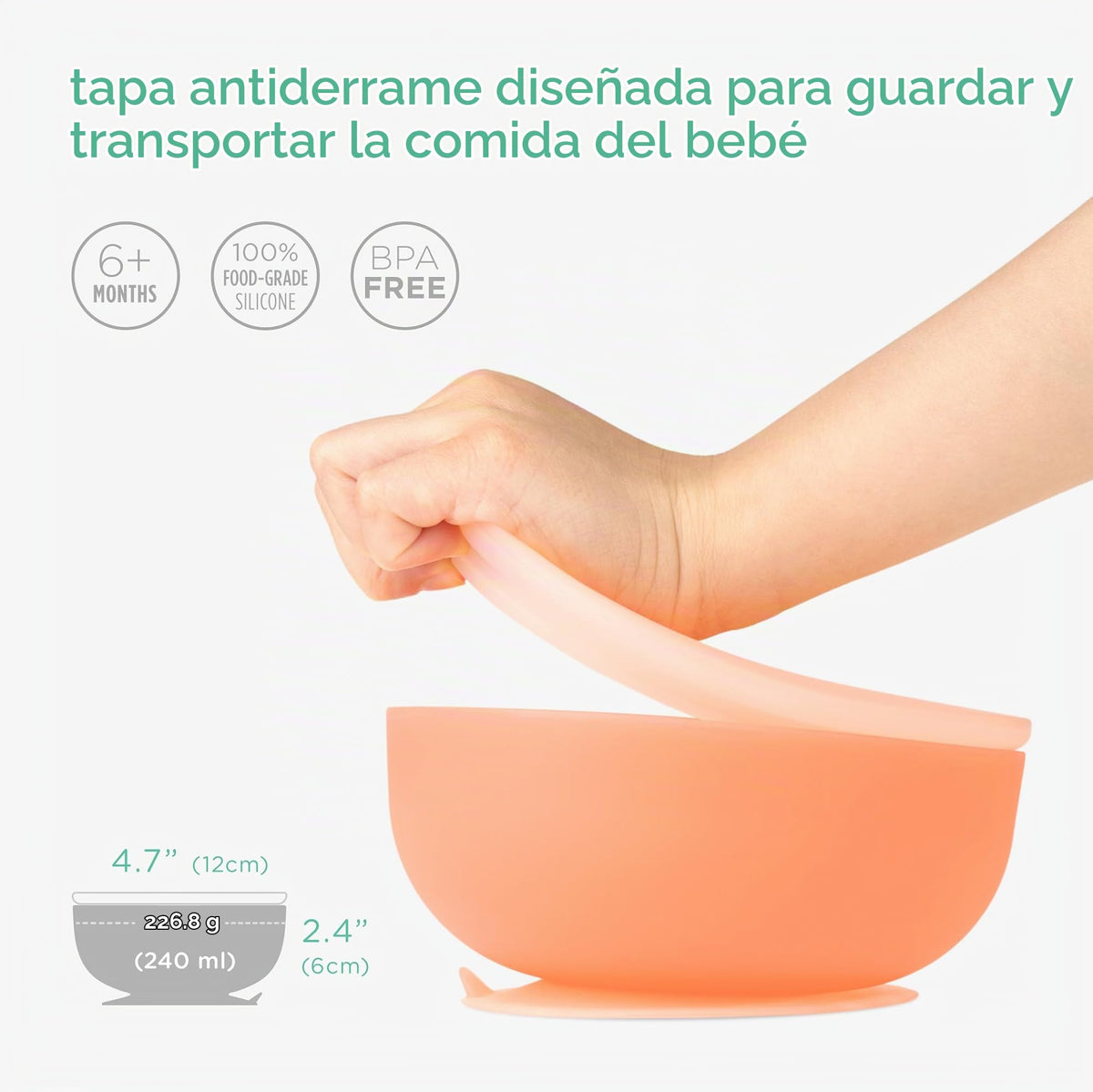 Olababy - tazón de succión 100% silicona con tapa para alimentación no empotrado, esencial para la primera etapa de autoalimentación para niños pequeños y niños, alimentador de aperitivos con destete