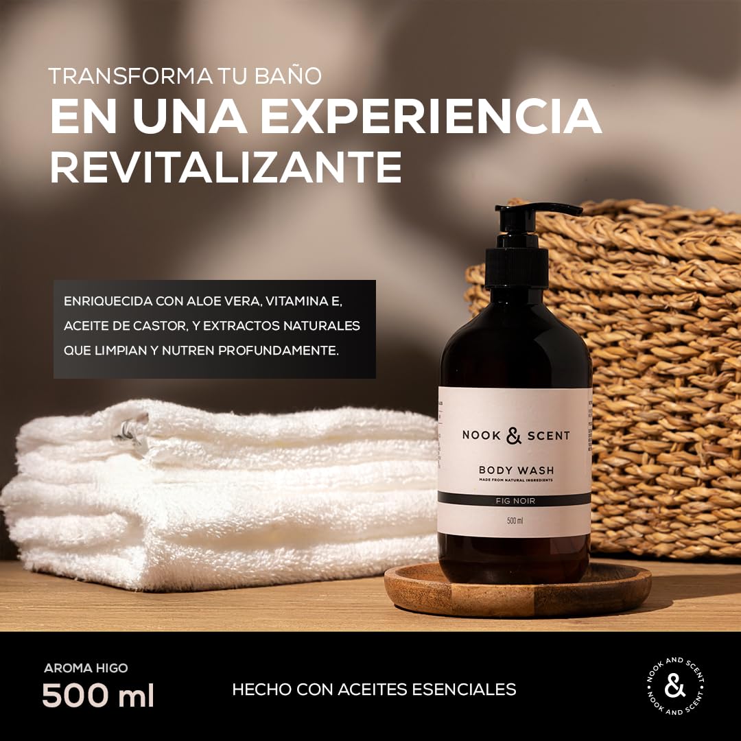 Body Wash Higo | 500 ml | Limpieza e Hidratación | Libre de Sulfatos y Parabenos, Vegano, Aceites Esenciales, Aroma Dulce y Sofisticado con Notas de Higo y Ron | Gel de Baño Nook & Scent