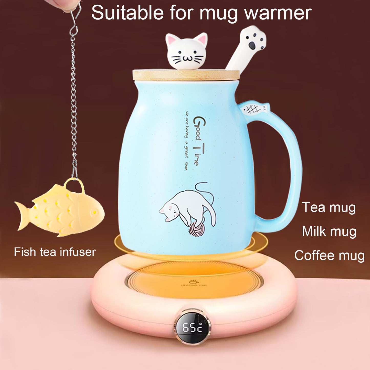 BigNoseDeer - Taza de cerámica con infusor y tapa, taza de té para gatos Kawaii, taza de té con forma de cuchara y taza de té, lindos regalos para mujeres (azul 13 onzas)
