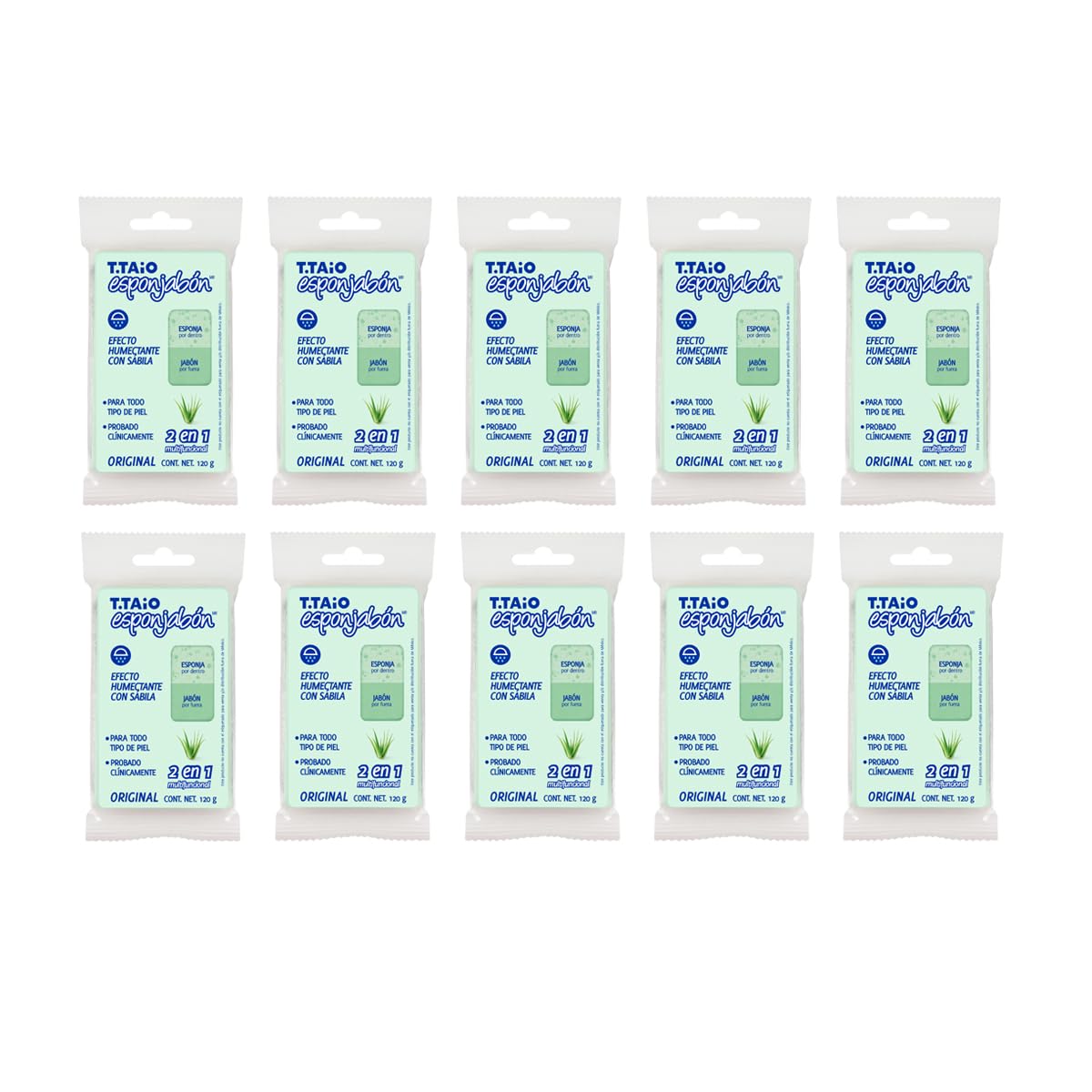 Jabón Corporal con Esponja Integrada 2 en 1, Exfoliación Suave, Aroma Sábila, Pack 10 Piezas, ESPONJABON T.TAIO