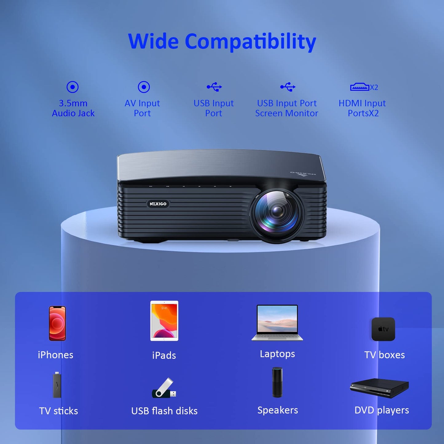 NexiGo Native 1080P Proyector PJ20, [350ANSI - Más de 9500 Lux Brillo], Wi-Fi 5G, proyector de películas, Bluetooth 5.1, compatible con TV Stick, iPhone, Android, portátil, consola (Reacondicionado)