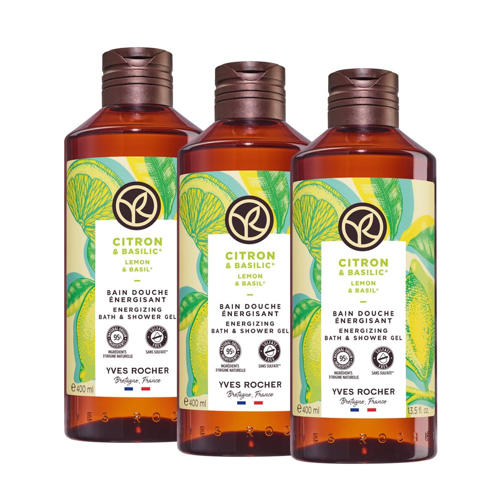 YVES ROCHER - Set Gel De Ducha Limón y Albahaca, Todo Tipo de Piel, Fórmula Vegana, Incluye 3 Geles 400 ml c/u