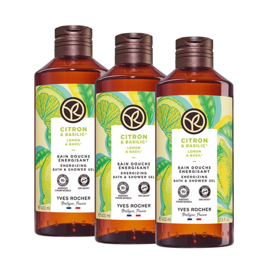 YVES ROCHER - Set Gel De Ducha Limón y Albahaca, Todo Tipo de Piel, Fórmula Vegana, Incluye 3 Geles 400 ml c/u