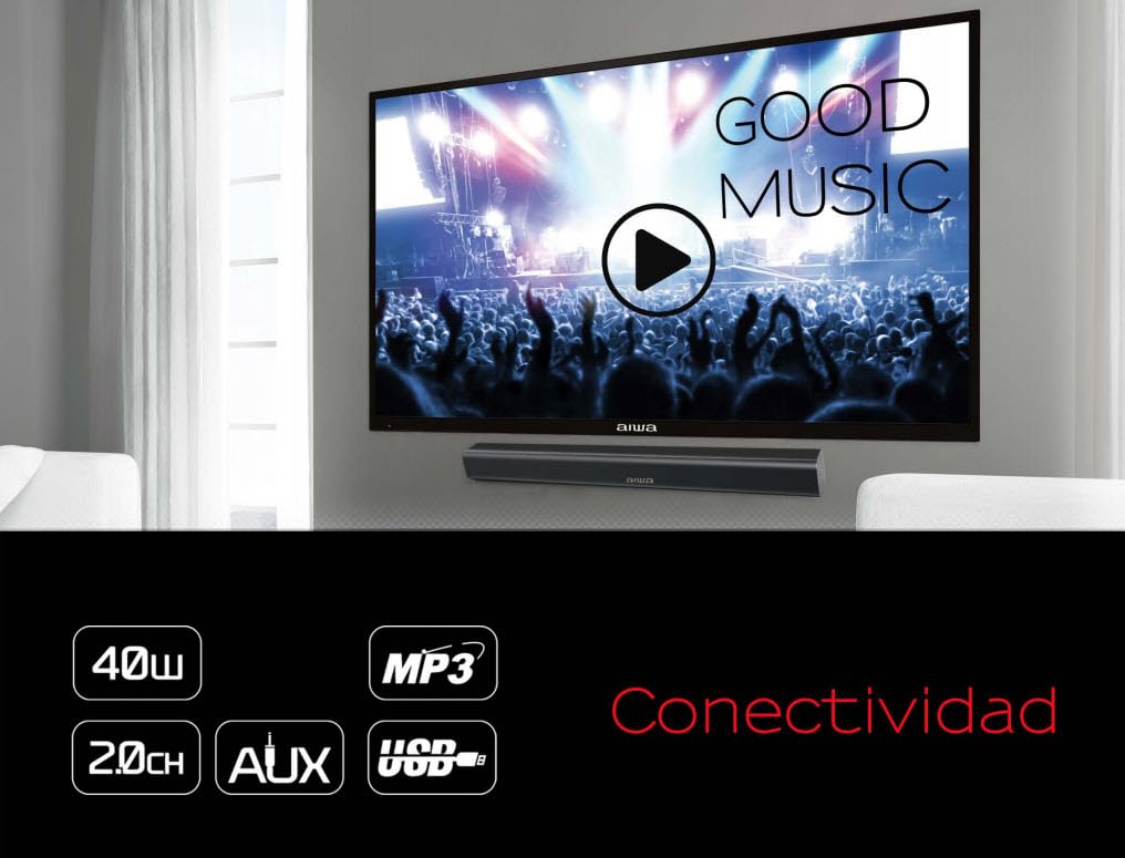 Aiwa Barra de Sonido 2.0 Canales con 4 Altavoces y Bluetooth 40W AWSBH1
