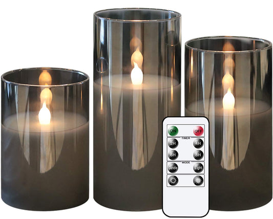 GenSwin - Velas led sin llama de vidrio gris con control remoto de 10 teclas y temporizador, velas de cera real, luz blanca cálida parpadeante para decoración del hogar (juego de 3)