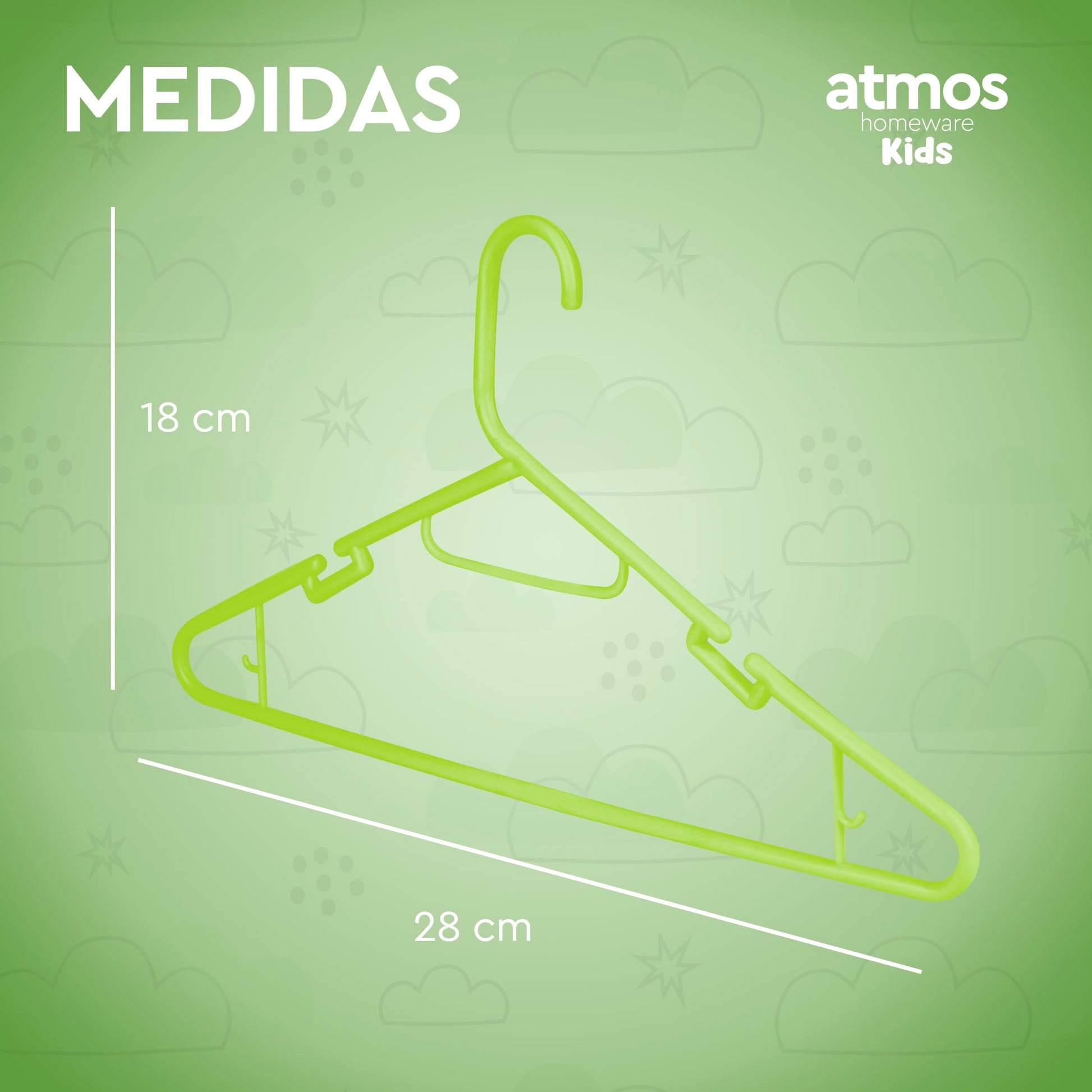 Atmos Homeware Ganchos para Ropa de Niños | Ganchos de Plástico Premium para Colgar Ropa de Niño, Niña y Bebé | Gruesos, Resistentes y Duraderos | Paquete de 20 Perchas para Ropa Infantil Color Verde