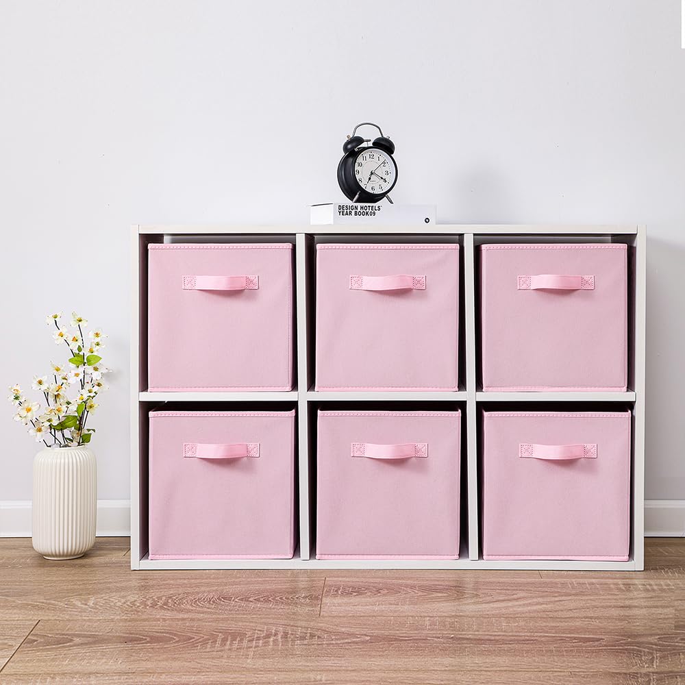 Cubos de tela para almacenamiento, paquete de 6, divertidos cubos de almacenamiento duraderos de colores con asas, cestas plegables para el hogar, color rosa