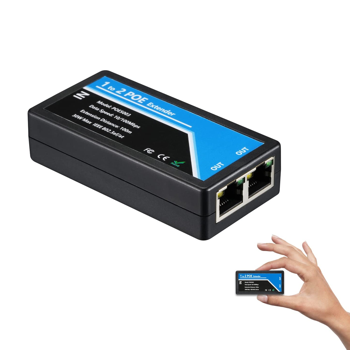 RevoTech - Extensor PoE de 2 Puertos PoE+ repetidor de 100 Metros (336 pies) Extensor 1 en 2 Salida Cumple con IEEE 802.3af/at estándar 10,100 Mbps para cámara PoE de Seguridad sobre Cables Cat5/Cat6
