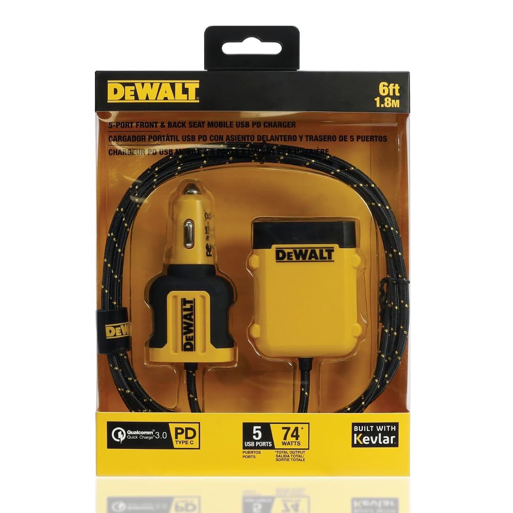 DEWALT 72W USB C Cargador de Coche de 5 Puertos, iPhone 15 USB Cargador de Coche de Carga rápida, PD & QC3.0 Encendedor de Cigarrillos del Coche Cargador USB de Varios Puertos con Cable de 6Ft