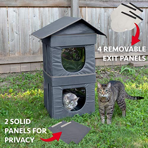 Kitty City Condominio para gatos al aire libre de 2 niveles, cama grande para gato, cubo apilable, cama lavable, casa para gatos interior/condominio, gris (CM-10077-CS01)