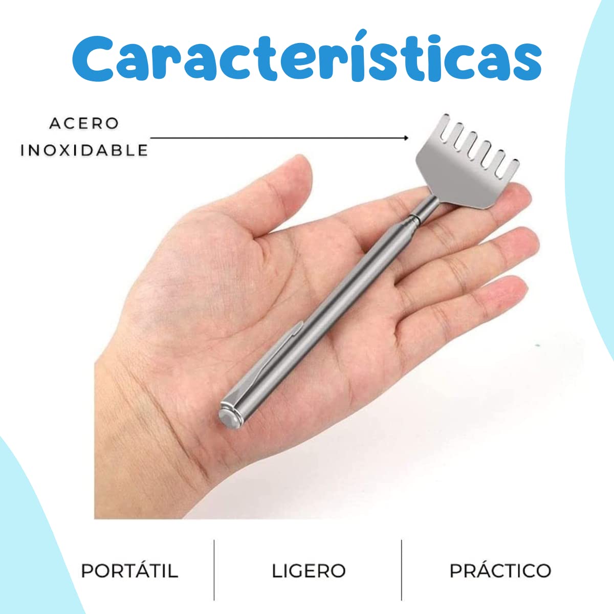 Manita Rascadora Extensible Mano De Metal Para Rascar 1pz Rascador de espalda de acero inoxidable con mango telescópico para guardarlo y llevarlo a todos lados. Manita para espalda.
