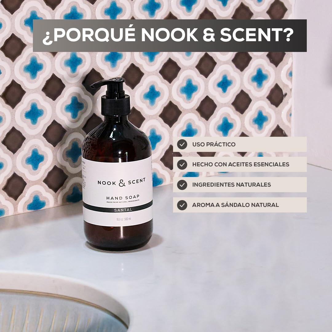 Jabón Líquido para Manos | 500 ml | Limpieza y Frescura | Libre de Sulfatos y Parabenos, Vegano, Aceites Esenciales, Aroma Energizante de Limón y Naranja | Nook & Scent (Santal)