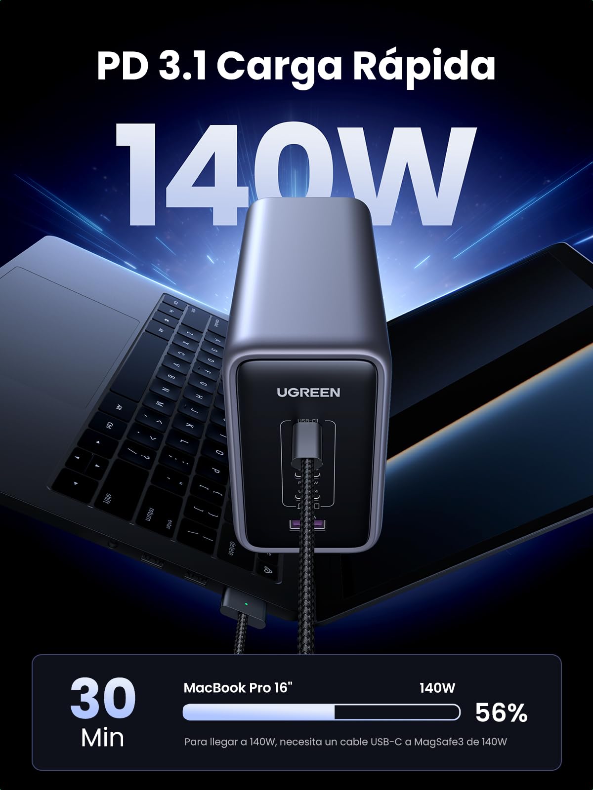 Cargador Tipo C UGREEN Nexode 300W GAN Negro con 5 Puertos Carga Rápida para MacBook, iPhone, Galaxy