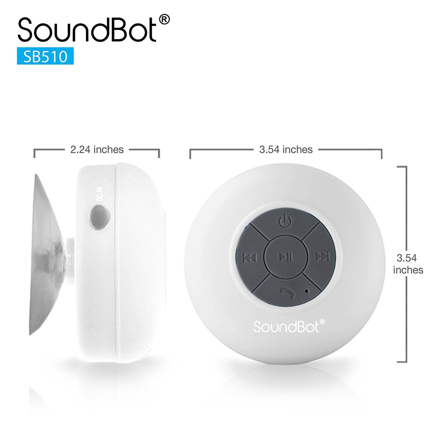 SoundBot® SB510 HD Water Resistant Bluetooth 3.0 Shower Speaker, Handsfree Portable Speakerphone with Built-in Mic, 6hrs of playtime, Control Buttons and Dedicated Suction Cup for Showers, Bathroom, Pool, Boat, Car, Beach, & Outdoor Use (White)