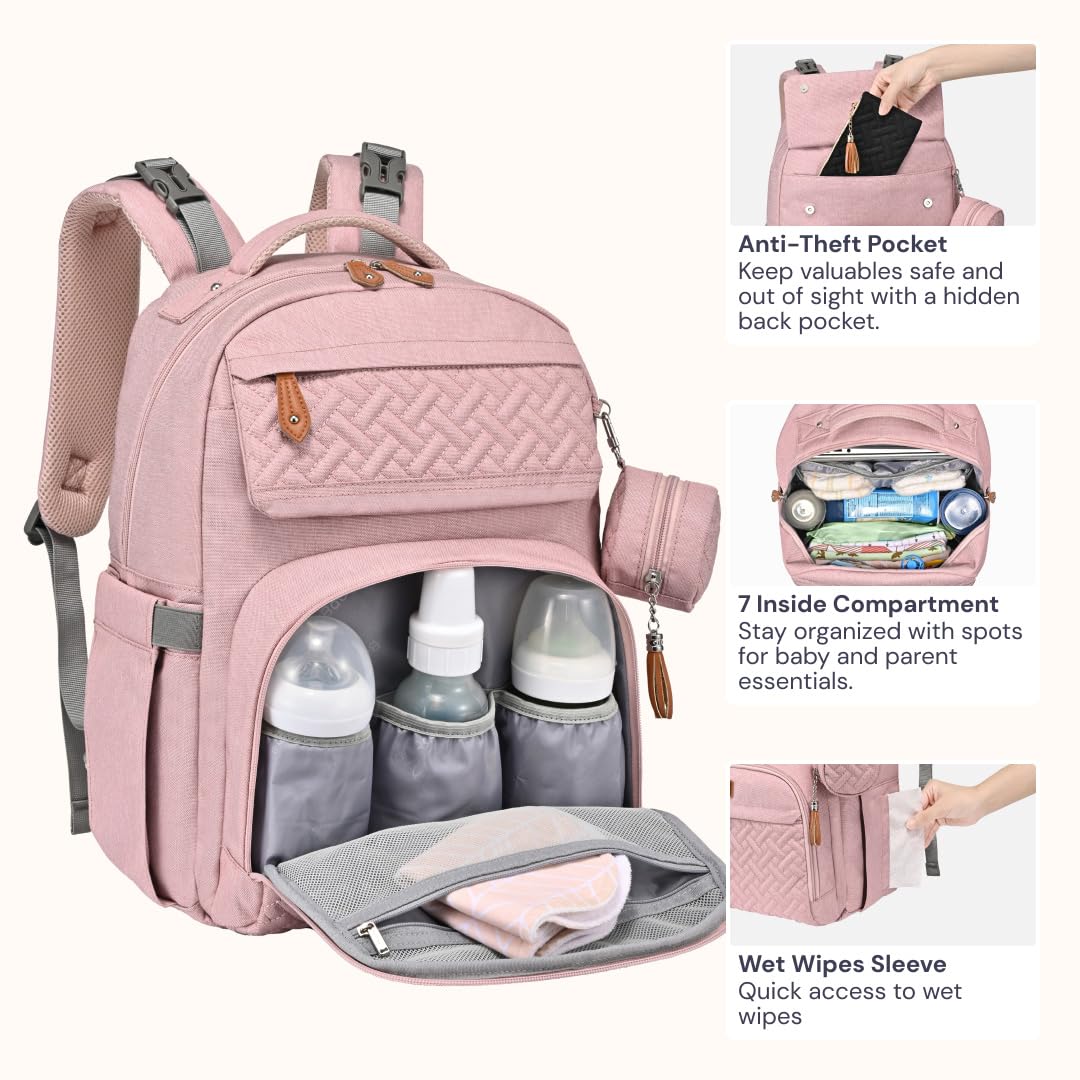 BabbleRoo - Mochila para pañales grande de viaje para bebé con cambiador, bolsas impermeables para bebé para mamá y papá, bolsas unisex con estuche para chupete, correa de equipaje y clips para