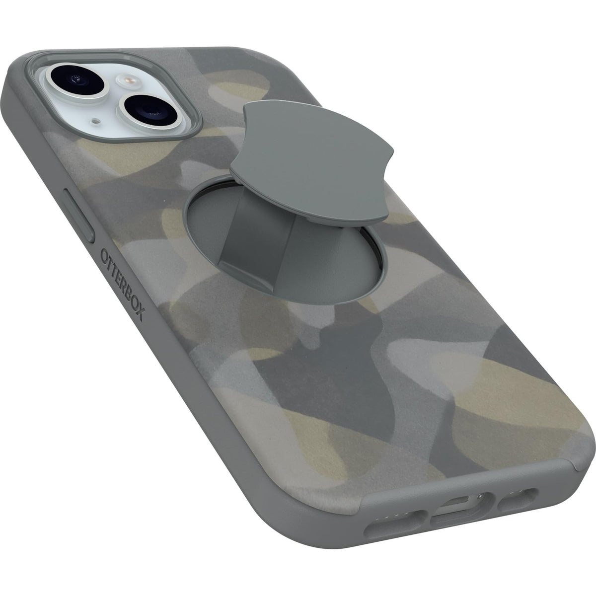 Funda OtterBox iPhone 15, 14 y 13 Gris CAMO OtterGrip Symmetry con Agarre Integrado y Compatibilidad MagSafe para Protección Cámara