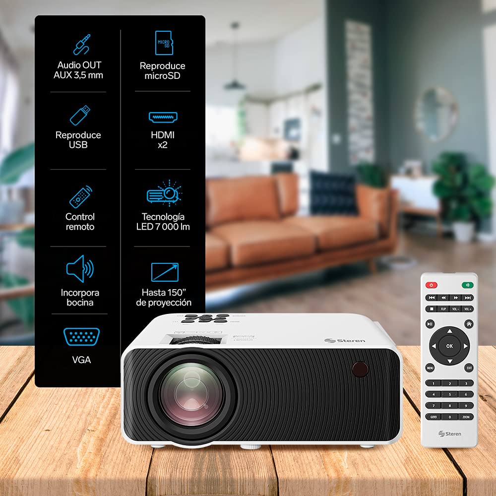 Proyector Multimedia HD Steren PRO-300 7000 Lúmenes Portátil 2 a 5 m