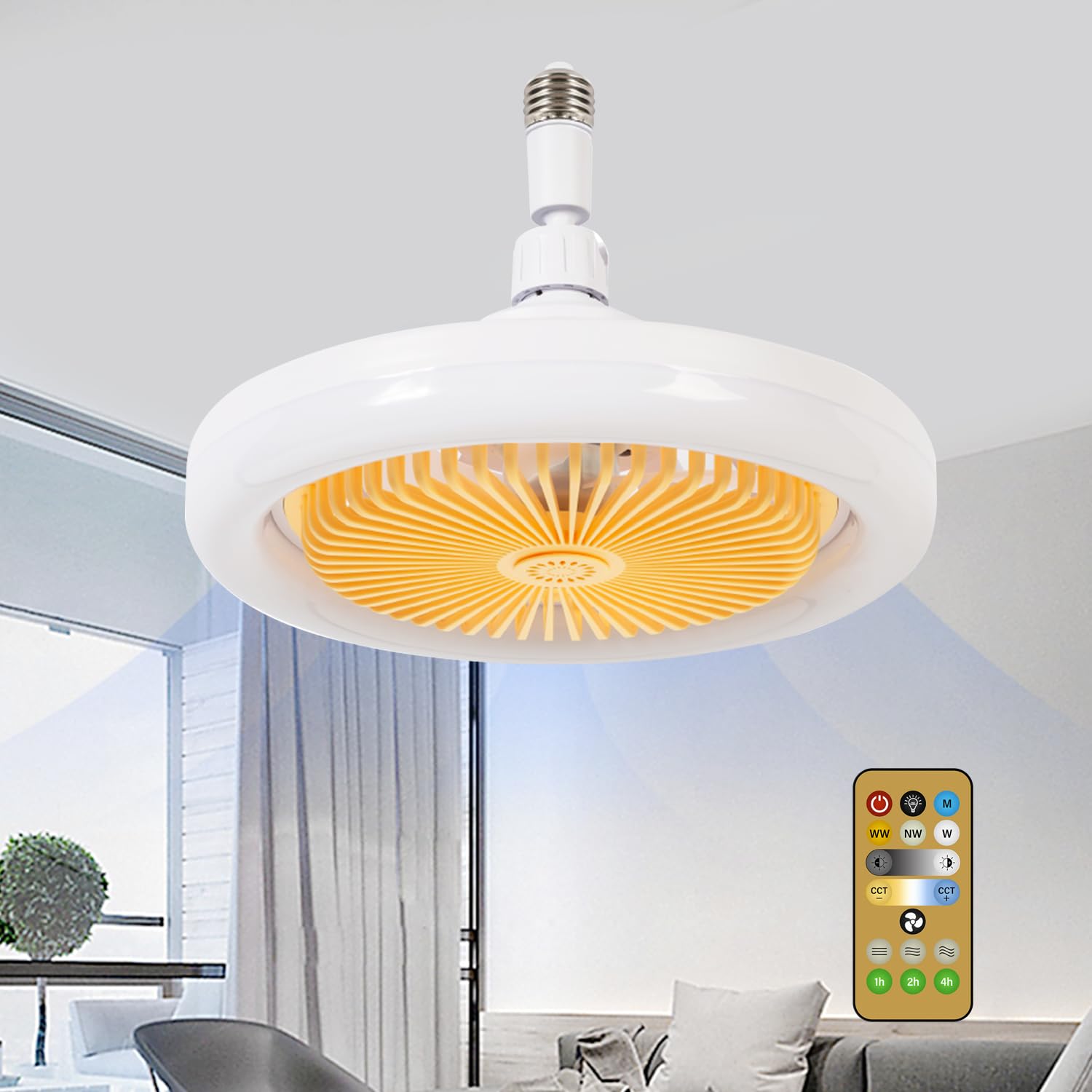 Ventiladores de Techo E27 Amariilo con Luz LED Ajustable y Ahorro Energético para Dormitorios y Oficinas