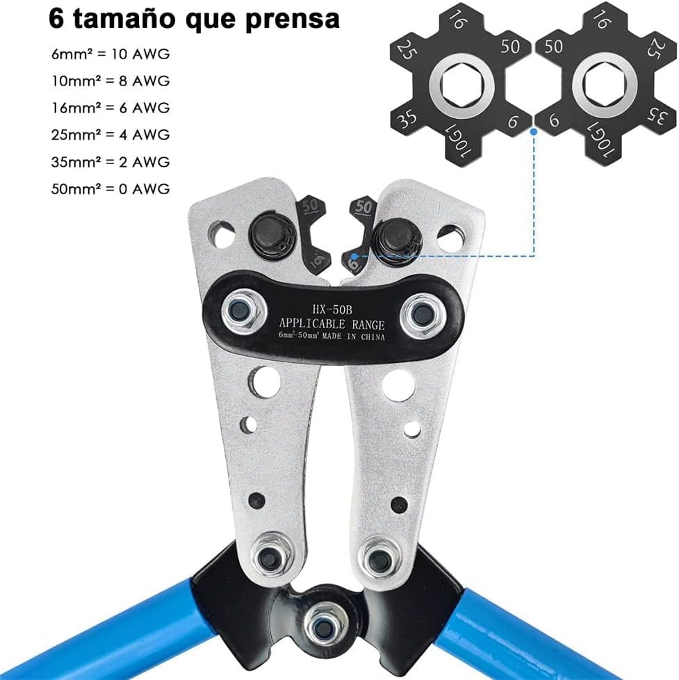 Herramienta de Crimpado de Cable de Batería，Crimpadora de Lengüetas de Cable de Batería para Terminales de Cable resistentes， AWG 10，8, 6, 4, 2, 1, 0 (Cable Crimping Pliers Set)