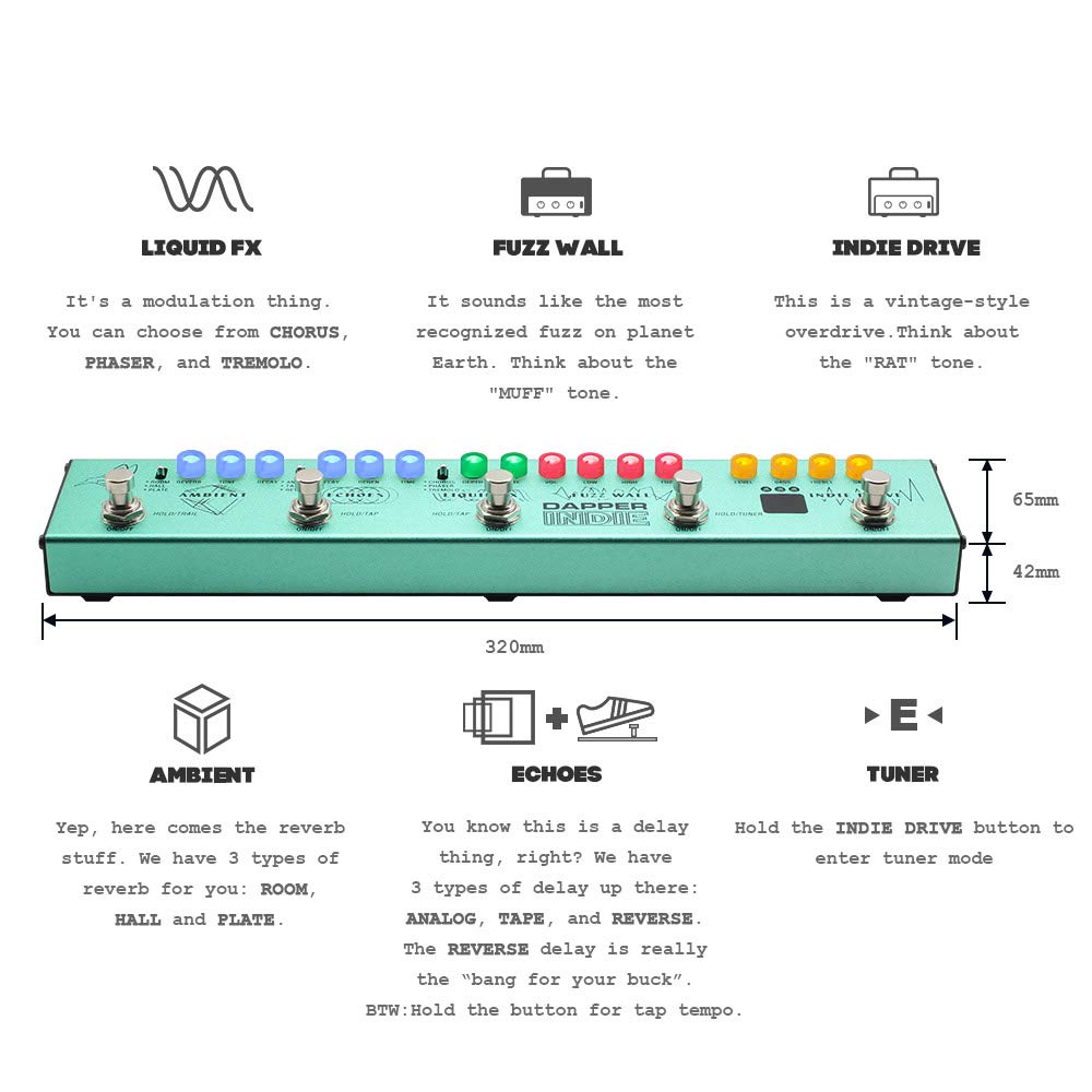 Valeton - Pedal de guitarra multiefectos Dapper Indie of Distortion Reverb Delay Chorus Fuzz and Phaser Tremolo para indie Ambient Psicodélico Grunge Post Rock Stoner Metal Retro tono alternativo