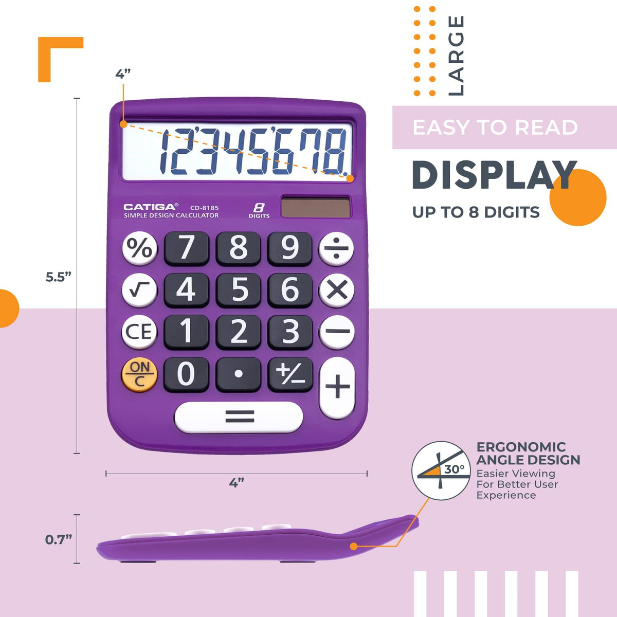 Calculadora CD-8185 Violeta Pantalla LCD Grande y Energía Dual para Oficina, Hogar y Escuela
