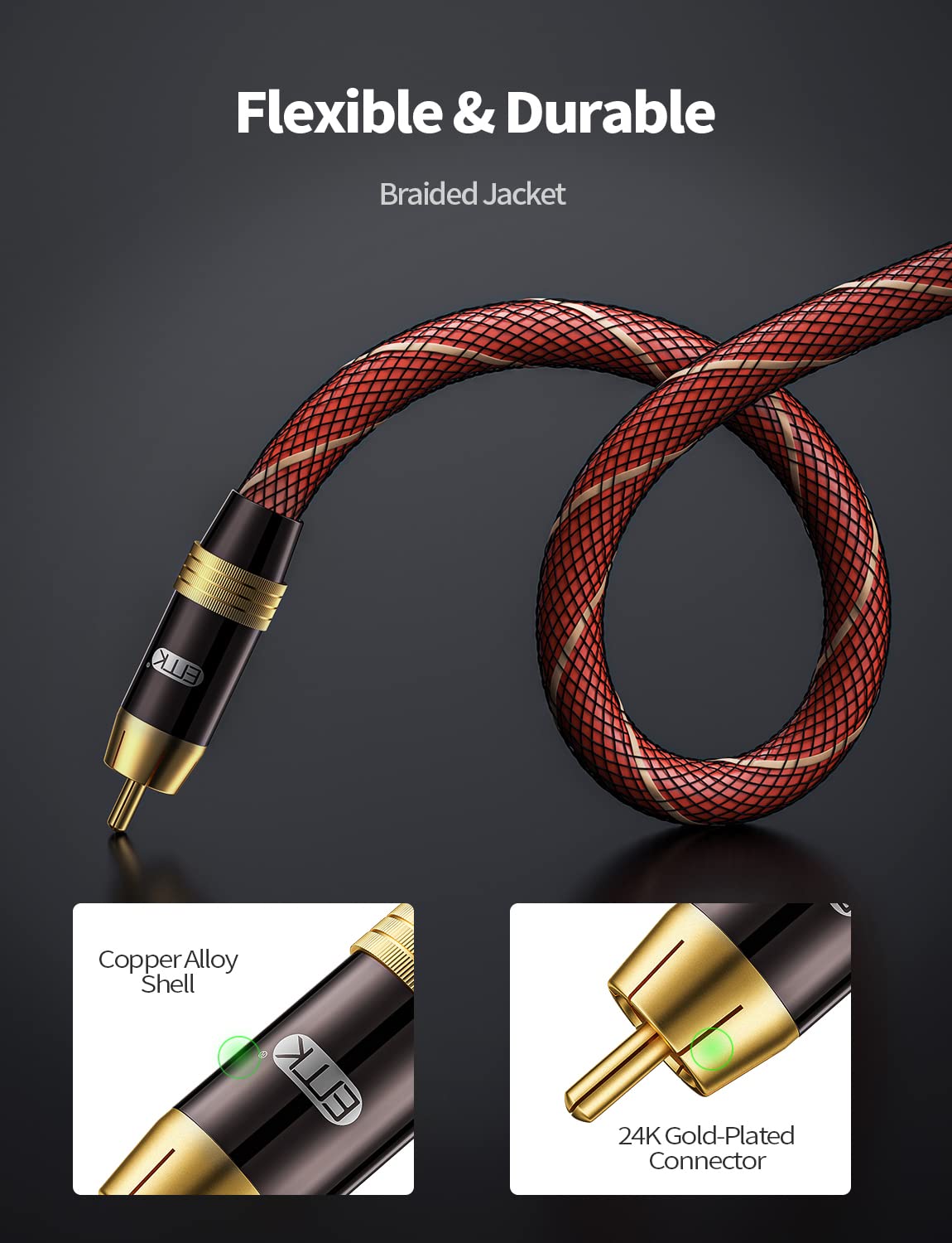 EMK - Cable de audio coaxial digital para subwoofer (RCA a RCA, doble apantallamiento, chapado en or