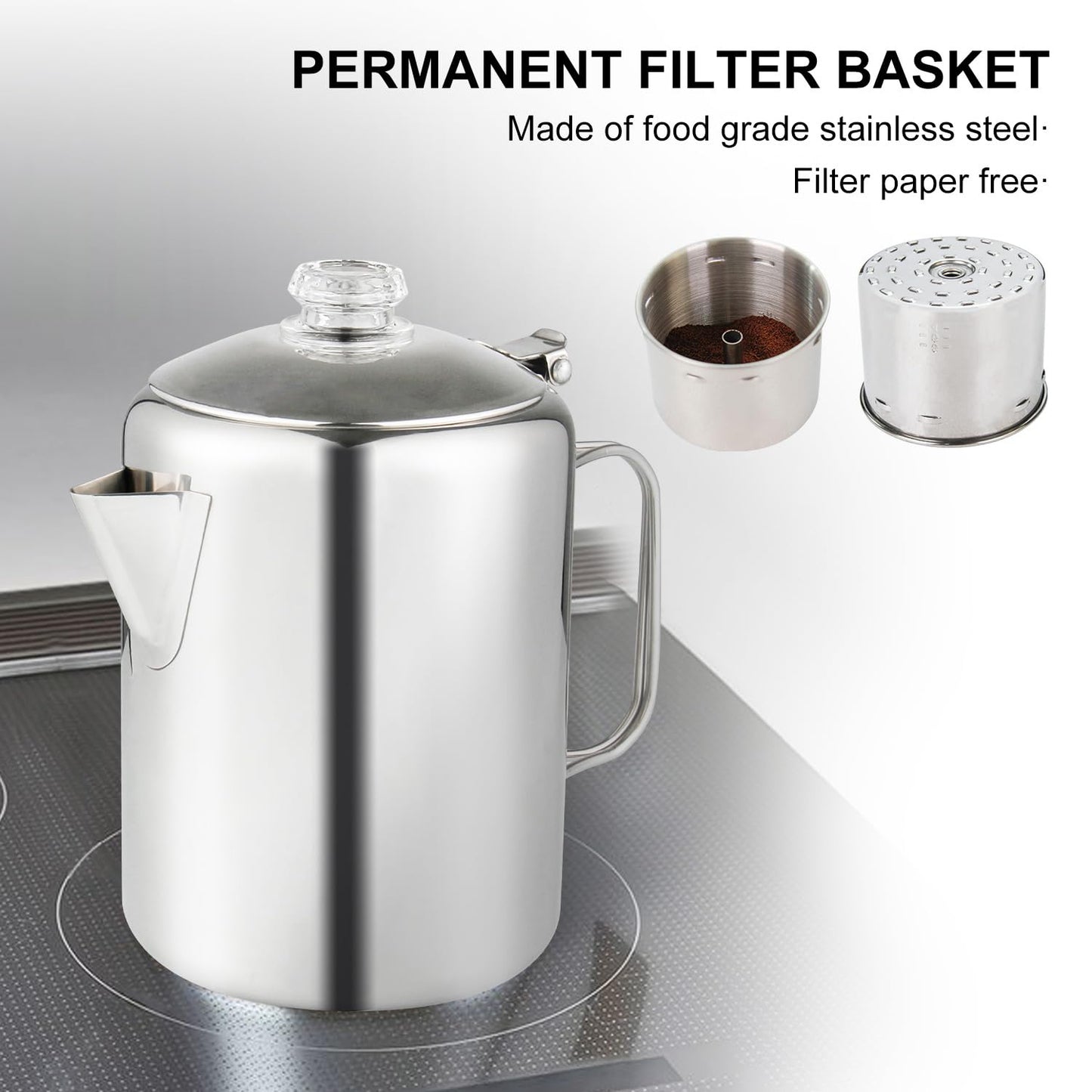 Cafetera APOXCON Acero Inoxidable con Perilla de Vidrio y Mango Plegable