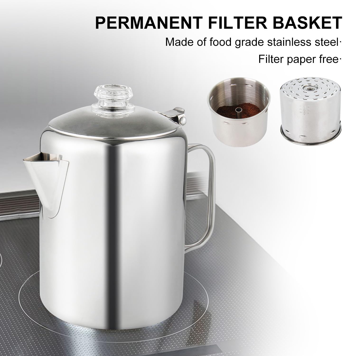 Cafetera APOXCON Acero Inoxidable con Perilla de Vidrio y Mango Plegable