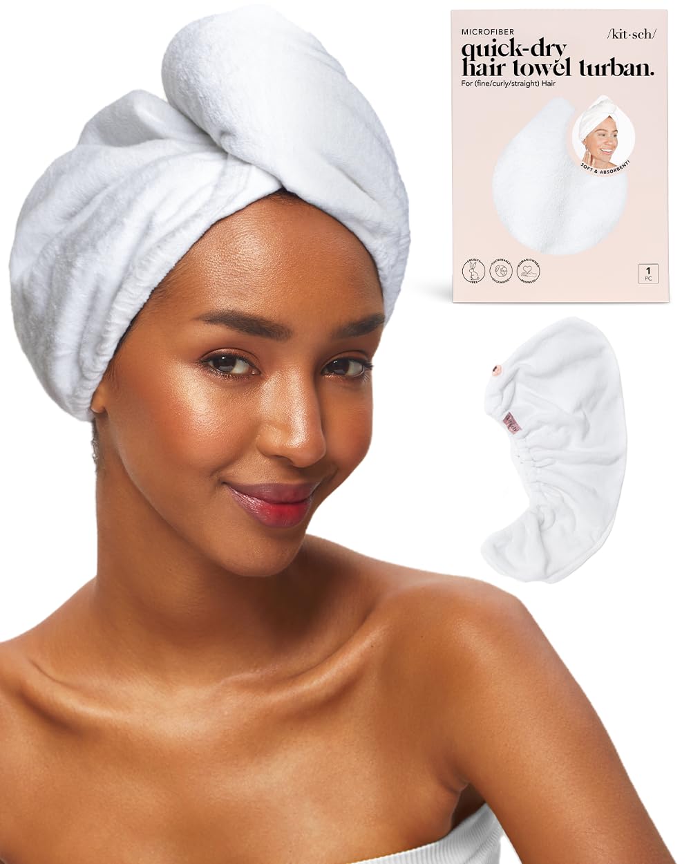 Kitsch Microfiber Hair Towel Wrap for Women- Hair Turban for Drying Wet Hair- Super Absorbent & Ultra Soft (White)