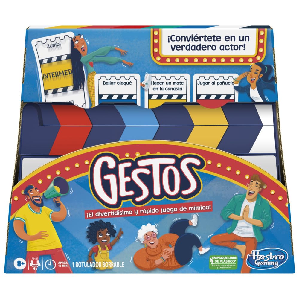 Hasbro Gaming Juego Gestos, él divertidísimo y rápido Juego de mímica, Juego de charadas para Fiestas Familiares para 4 o más Jugadores, Incluye claqueta y Tarjetas Personalizables.