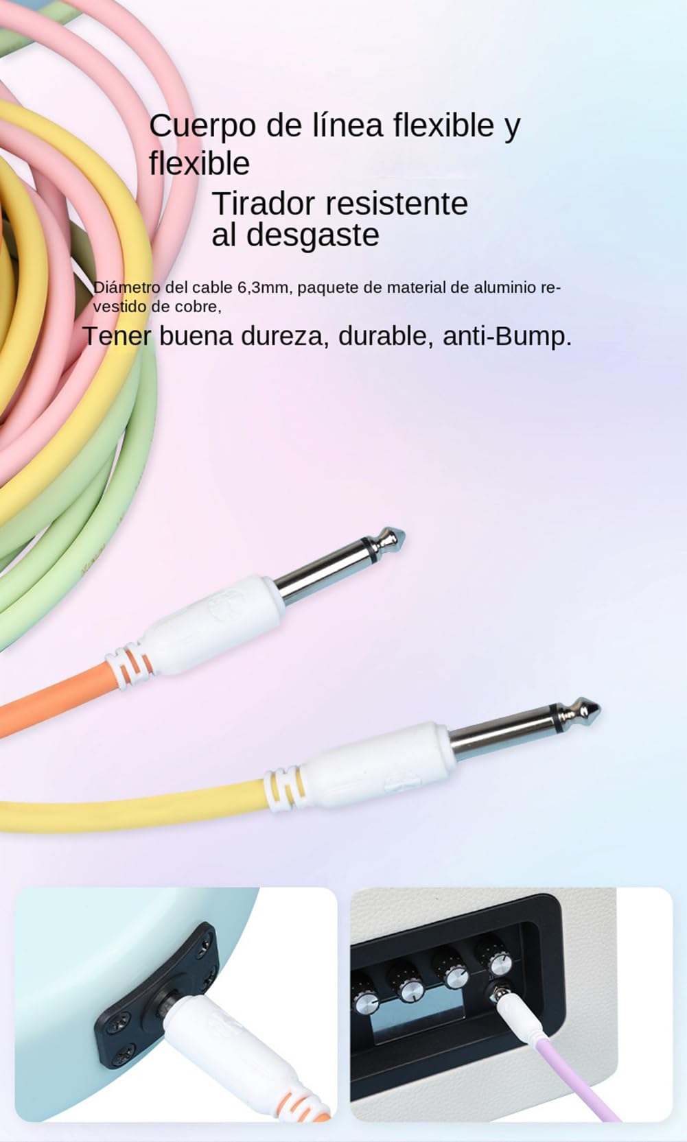 Cable de Jack Mono 6.35 mm Premium Púrpura Resistente a Interferencias para Guitarra Eléctrica, Bajo, Teclado, Mezclador y Altavoz